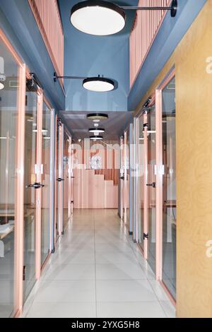 Vertical shot of hallway with glass doors leading to individual office rooms in modern office building decorated with pink design elements, camera flash, copy space Stock Photo