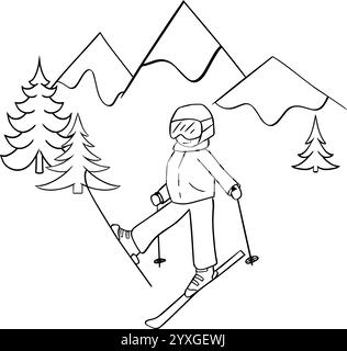 Skier in mountains with pine trees vector illustration. Snow hills landscape. Graphic line composition Happy entertaining kids. Active rest, winter le Stock Vector