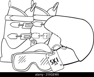 Winter ski equipment: ski boots, sunglasses, ski pass, and helmet. Vector graphic line illustration Stock Vector
