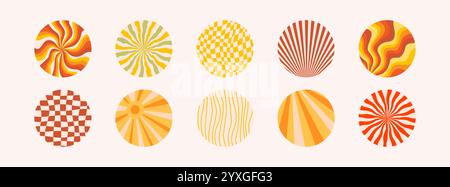 round shape stickers with funny groovy patterns. Colorful abstract circles with trendy retro style wave, chess, swirl, rainbow. Ideal for social media Stock Vector