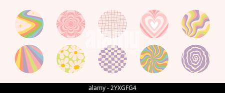 round shape stickers with funny groovy patterns. Colorful abstract circles with trendy retro style wave, chess, swirl, rainbow. Ideal for social media Stock Vector