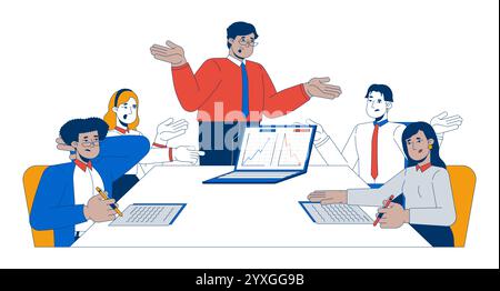Diverse coworkers discussing downward upward graph laptop 2D cartoon characters Stock Vector