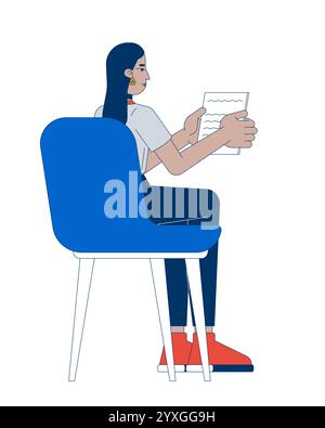Sitting chair middle eastern female employee holding notes 2D cartoon character Stock Vector