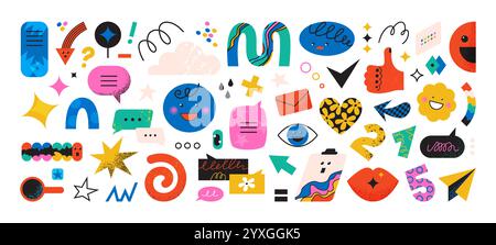Doodle shapes. Abstract creative figures like star, geometric circle and cute curve childish communication icons. Happy smile emoji. Simple spiral lin Stock Vector