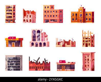 Building damage. Earthquake broken house. Old city ruin or war debris. Destroyed urban construction windows. Dilapidated architecture with fissures. P Stock Vector