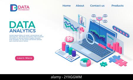 Data report landing page. Digital business infographic with 3D chart. Financial graph. Website template. Modern technology. Laptop web screen. SEO pro Stock Vector