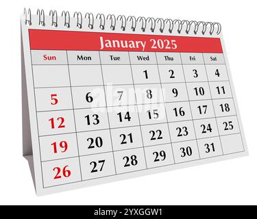 January 2025, Monthly desk calendar for 2025 year on yellow color