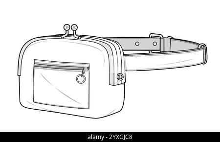 Kiss lock clutch bag technical flat drawing vector mockup template. Stock Vector