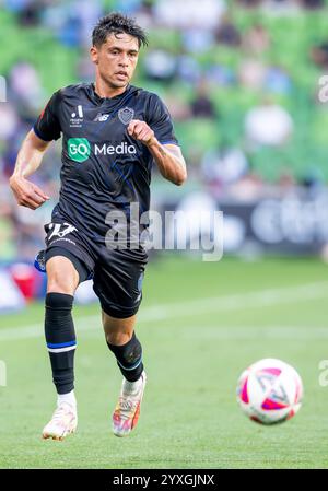 Melbourne, Australia. 15th Dec, 2024. Auckland's Logan Rogerson seen in action during the A-Leagues Men game between Melbourne City FC to Auckland FC at AAMI Park. Final score Melbourne City FC 2:2 Auckland FC. Credit: SOPA Images Limited/Alamy Live News Stock Photo