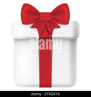 A beautifully wrapped white gift box adorned with a vibrant red ribbon and bow, perfect for any occasion. Stock Vector