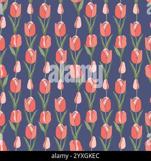 Seamless pattern with stylized tulips on a future dusk background. Spring tulip. Print, wallpaper, modern textile design, wrapping paper. Vector Stock Vector