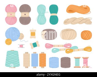 Wool and spool. Sewing and knitting colorful threads, coils, spools and bobbins, handmade textile equipment, handcraft items, hobby handmade material Stock Vector