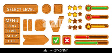 Ui buttons icons. Wooden panels different shapes, progress, loading bars, sliders, game menu options, interface elements, game interface, navigation Stock Vector