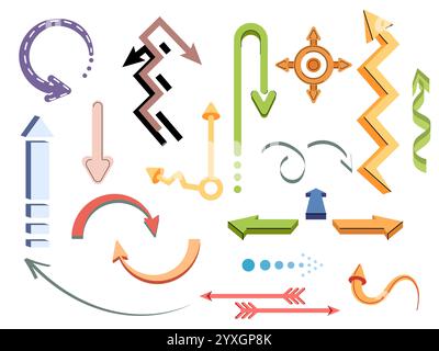 Funky abstract arrows. Cartoon cursor, color pointers, straight, curved and circular, zigzag shapes, playful marks, game elements, dynamic forms Stock Vector