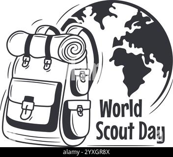 World Scout Day sign or symbol with backpack and globe hand drawn vector illustration Stock Vector