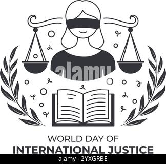 World Day of International Justice sign with black white line art style Stock Vector