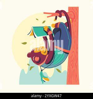 Animal Characters Reading Books Vector Illustration. Monkey Bookworm Stock Vector