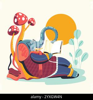 Animal Characters Reading Books Vector Illustration. Elephant Bookworm Stock Vector