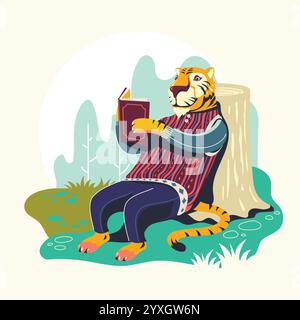 Animal Characters Reading Books Vector Illustration. Tiger Bookworm Stock Vector