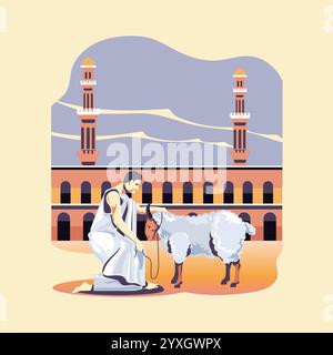 Mosleem man sacrifice a goat during the pilgrimage or Hajj Stock Vector