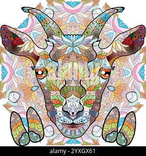 Zentangle goat head hooves on mandala. Hand drawn decorative vector illustration Stock Vector