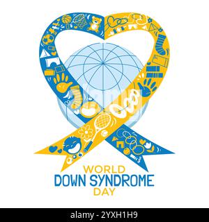 World Down Syndrome Day Concept with Icons Ribbon and Globe background Vector Illustration Stock Vector