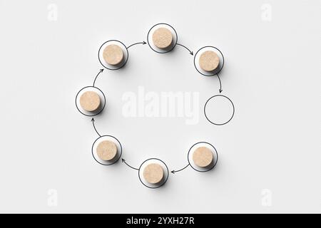 Workflow automation. Wooden pieces arranged in a circle, connected by arrows, represent a continuous process or workflow with one stage yet to be comp Stock Photo