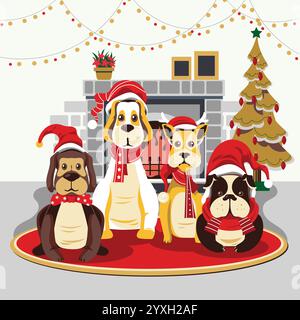 Cute Dogs Christmas seasonal with fireplace and Christmas tree background vector illustration Stock Vector