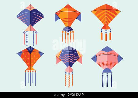 Set of multicolored kites vector illustration for Makar Sankranti concept Stock Vector