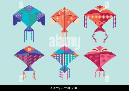 Set of multicolored kites vector illustration for Makar Sankranti concept Stock Vector
