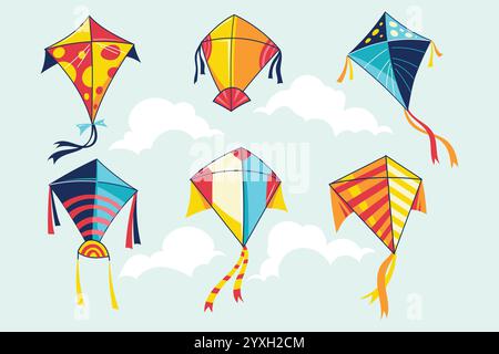 Set of multicolored kites vector illustration for Makar Sankranti concept Stock Vector