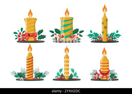 Set of Christmas Candle with Branch Christmas Flower Background Stock Vector