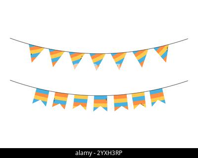 Festive flag banners vector illustration. Isolated colorful striped hanging flags party decoration. Cute design elements for Birthday and other Stock Vector