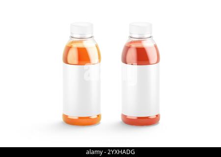Blank 16 oz plastic bottle with tomato and carrot juice mockup, 3d rendering. Empty transparent disposable bottles carrots and tomatoes drink mock up, Stock Photo