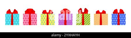 Colorful gifts decorated by red bows. Festive boxes, vibrant patterns, star heart dot stripe chevron designs. Bright wrapping holiday surprises, cheerful package, ribboned container, seasonal present Stock Vector