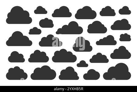 Clouds icon set. Various shapes black silhouette for internet sync data storage digital concepts. Simple fluffy rounded soft cloud tech symbol. Flat minimalistic abstract forms for network technology Stock Vector