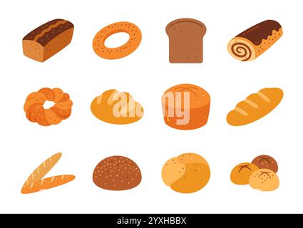 Bread pastry bakery flat set, organic baked goods, rye, wheat, whole grain, farmhouse brown white loaf, baked whole grain healthy rustic breakfast, burger bun, french baguette, sweet roll with filling Stock Vector