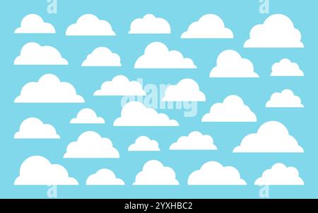 White fluffy clouds silhouettes on bright light blue sky. Cartoon puffy soft round vapor edges, float cloud various sizes minimalistic clear simple flat mist shapes, calm drift fog atmosphere Stock Vector