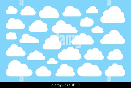 White cloud silhouette flat set. Puffy edges forms, rounded simple outlines, minimal curves, clean cartoon icon. Weather clouds, cumulus abstract shapes, airy empty cloudlet for text, web, kids design Stock Vector