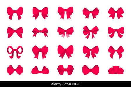 red pink bow icon flat set. Tie butterfly, knot decoration for gift, birthday, christmas present, valentine, wedding card, holiday surprise. Elegant decor for box, package or web site celebration sign Stock Vector