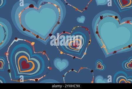 Backdrop seamless pattern Chain of a group of multicultural people seen from above holding hands and forming a heart shape.Community of volunteers Stock Vector