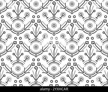 Seamless geometric pattern. Elegant floral motifs, thin lines, and minimal decorative details. Modern monochrome background, luxury texture, and repeating ornament, circles, dots, symmetrical shapes Stock Vector