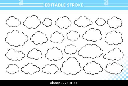 Fluffy clouds outline set. Simple hand drawn cloud shapes with editable black line stroke and white fill. Cartoon doodle airy design, minimalistic contour bubble, linear rounded and soft silhouettes Stock Vector