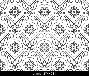 Geometric seamless vintage pattern with floral motifs, elegant swirls. Delicate ornate thin line art retro luxury background. Repeating monochrome ornamental flourishes dots and fine design details Stock Vector