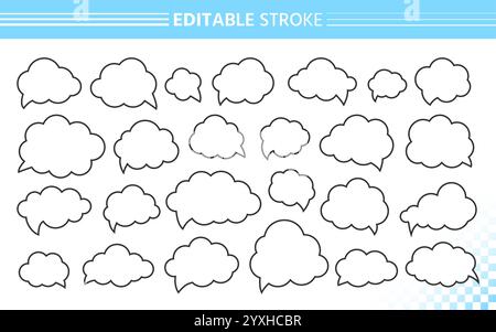 Outline speech bubble in cloud shapes set. Black line quote frame. Simple curves, smooth edges, rounded forms. Abstract contours clouds icon, puffy silhouettes, cartoon clean editable strokes form Stock Vector