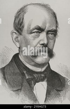 Otto von Bismarck (1815-1898). German statesman and politician. Artificer of the German unification in 1871. Portrait. Engraving. 'Historia de la Guerra de Francia y Prusia' (History of the War between France and Prussia). Volume I. Published in Barcelona, 1870. Stock Photo