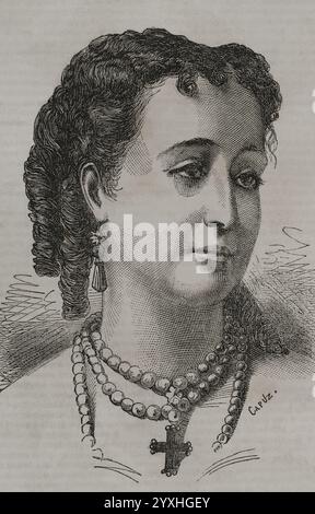 Eugénie de Montijo (Eugenia de Palafox Portocarrero y Kirkpatric) (1826-1920). Spanish aristocrat and Empress consort of the French (1853-1870) as wife of Napoleon III (1808-1873). Portrait. Engraving by Capuz. 'Historia de la Guerra de Francia y Prusia' (History of the War between France and Prussia). Volume I. Published in Barcelona, 1870. Stock Photo