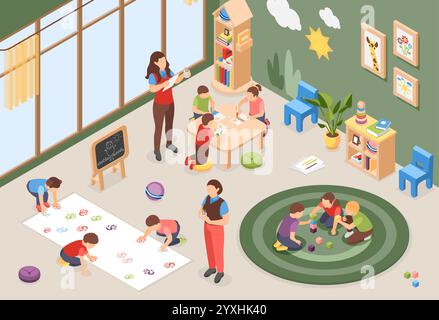 Isometric children in playroom. Playtime in kindergarten, child and teacher indoor activities. Preschool kids drawing and playing together, flawless Stock Vector