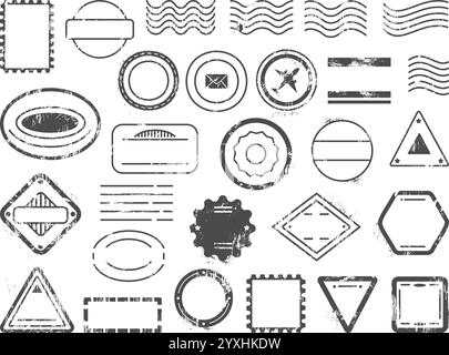 Empty postal stamps. Blank grunge stamp for post delivery, letters cards parcels. Vintage style travel insignia for passport, mail, documents Stock Vector