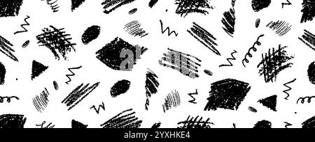 Charcoal pencil seamless pattern. Monochrome grunge background with different scribbles, chalk squiggles and lines. Children draw neoteric vector Stock Vector